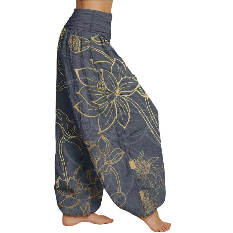 Avenior Pure Cotton Lotus Leaf Koi Fish Women's Elastic Waist Harem Pants Avenoir