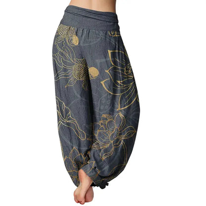 Avenior Pure Cotton Lotus Leaf Koi Fish Women's Elastic Waist Harem Pants Avenoir