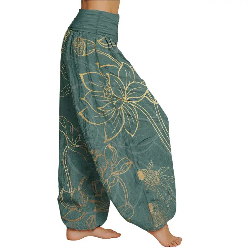 Avenior Pure Cotton Lotus Leaf Koi Fish Women's Elastic Waist Harem Pants Avenoir