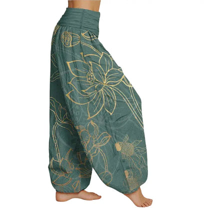 Avenior Pure Cotton Lotus Leaf Koi Fish Women's Elastic Waist Harem Pants Avenoir
