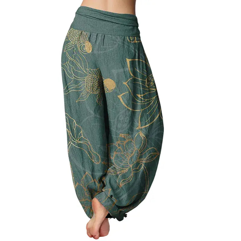Avenior Pure Cotton Lotus Leaf Koi Fish Women's Elastic Waist Harem Pants Avenoir