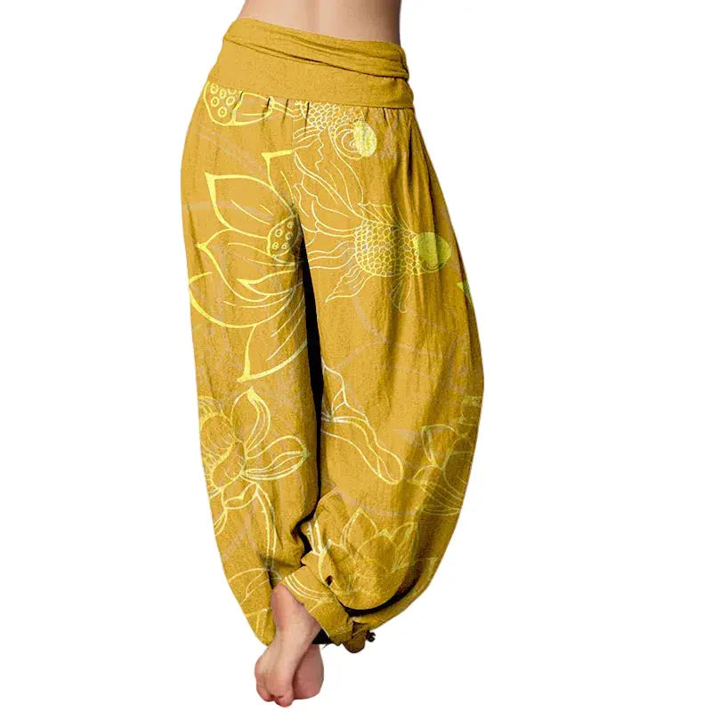 Avenior Pure Cotton Lotus Leaf Koi Fish Women's Elastic Waist Harem Pants Avenoir
