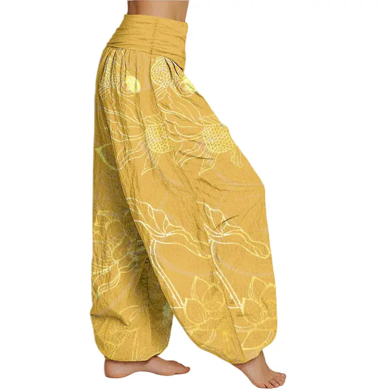 Avenior Pure Cotton Lotus Leaf Koi Fish Women's Elastic Waist Harem Pants Avenoir