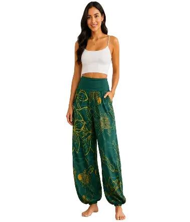 Avenior Pure Cotton Lotus Leaf Koi Fish Women's Elastic Waist Harem Pants Avenoir